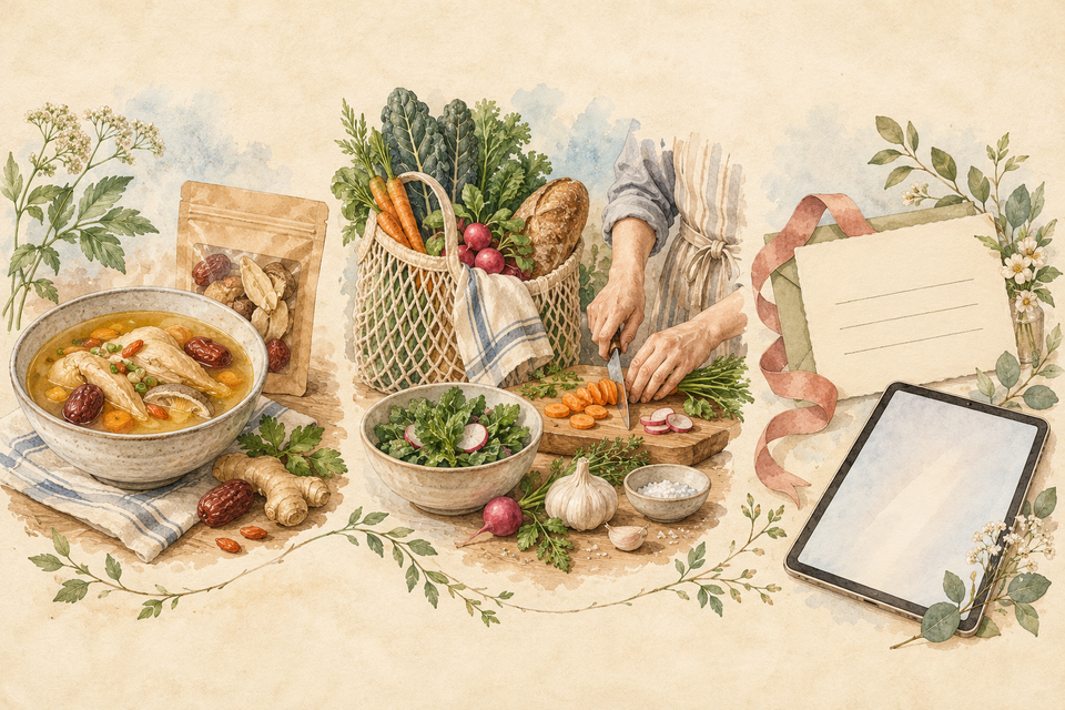 An illustrated food registry scene with meal and grocery contributions.
