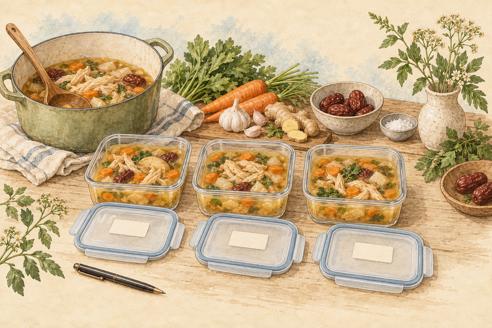Three shallow containers of cooked soup beside lids, blank labels and a soup pot.