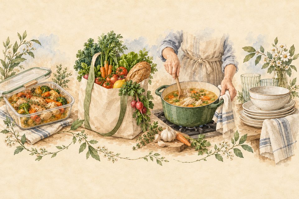 Friends help a household with meal delivery, food preparation and cleanup.