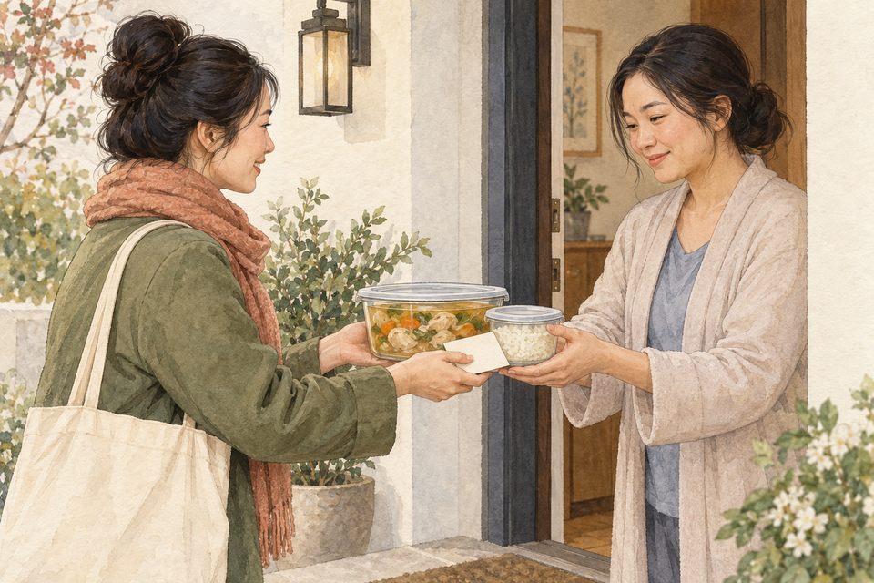 访客在家门口把带盖的餐食和单独装好的米饭交给新手父母。