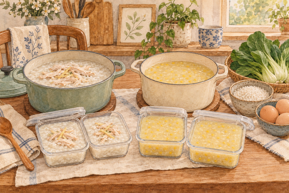 Chicken congee and corn soup divided into containers, with bok choy, dry rice and eggs alongside.