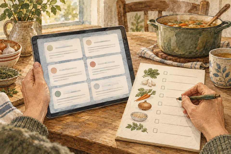 Hands compare neutral review cards on a tablet with a paper checklist beside a soup pot.