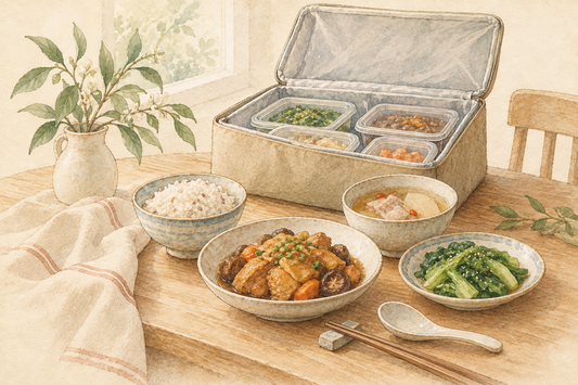 Watercolor illustration of prepared postpartum meals / 水彩插画：送到家中的现成产后餐