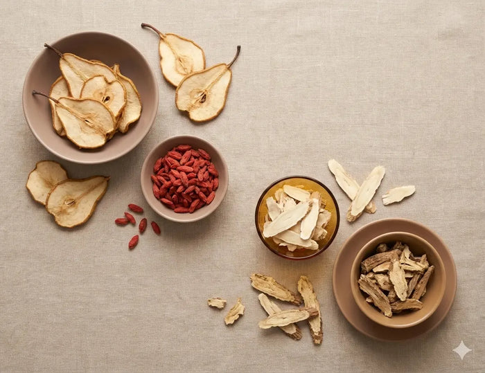 Dried pears, goji berries, and other herbs on a textured surface