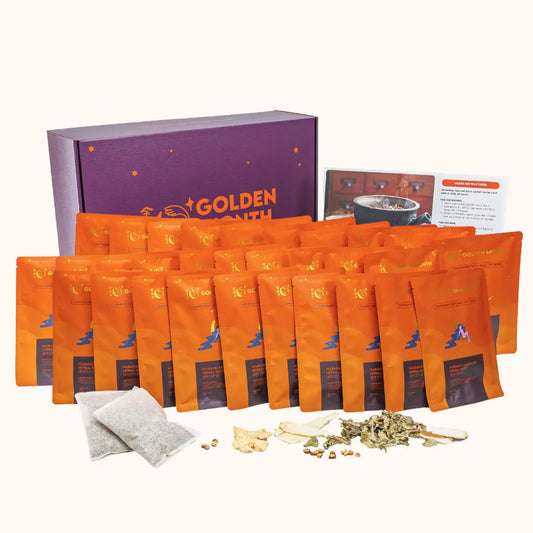 Confinement bath packaging set with orange bags and a purple box labeled 'Golden Month' on a white background.