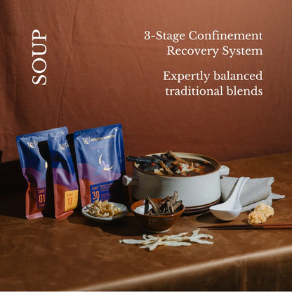 Three packages of '3-Stage Confinement Recovery System' soup on a brown background with text and a bowl of soup.