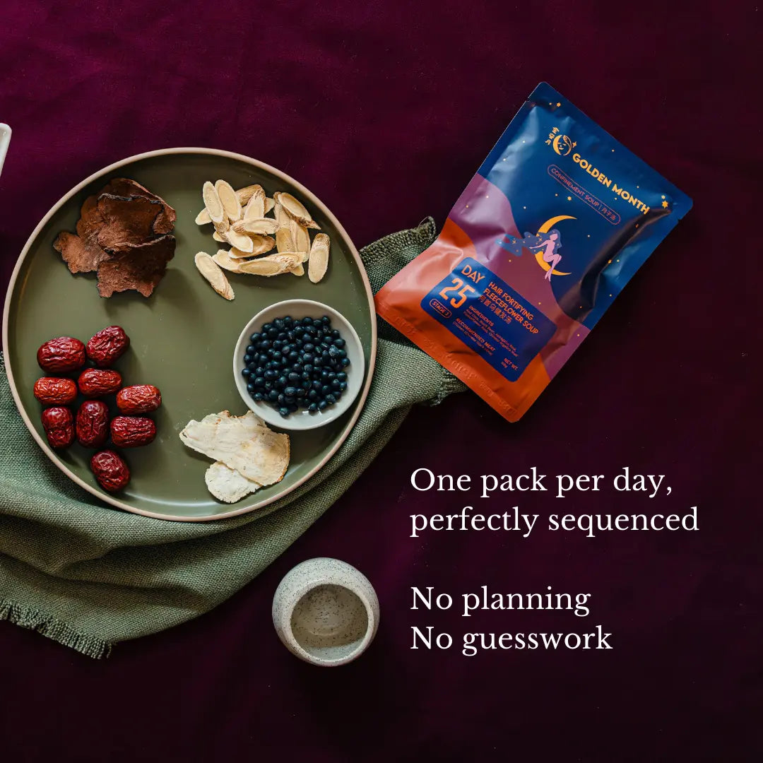 Golden Month confinement  soup package with dried herbs and nuts on a plate against a dark background