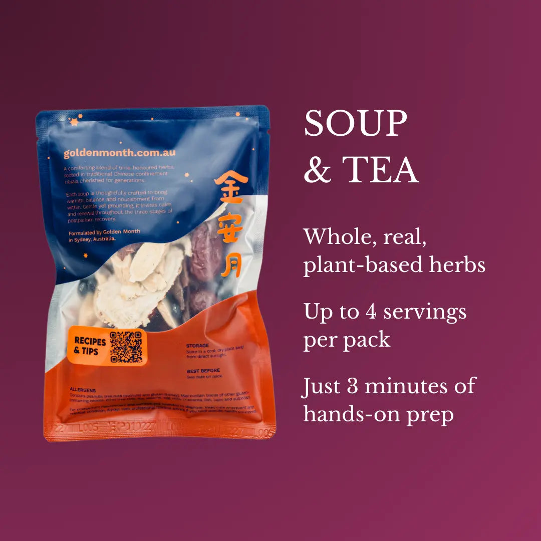 Packaged soup and tea product with text on a purple background