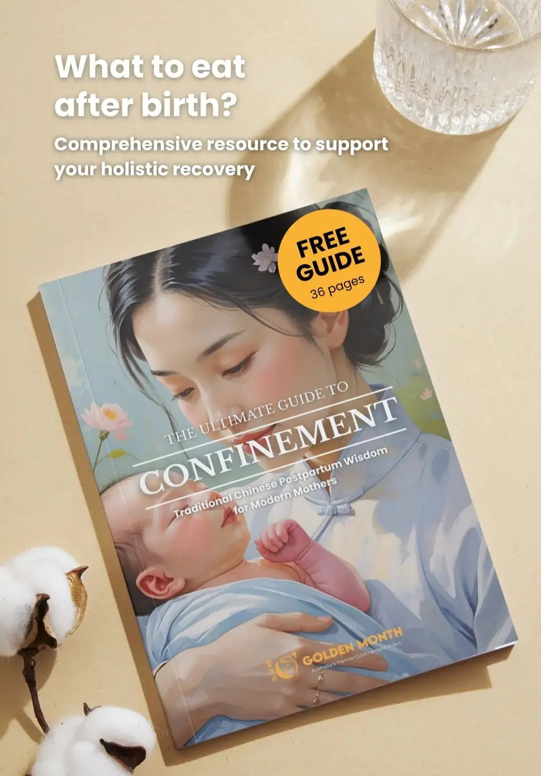 Book titled 'The Ultimate Guide to Confinement' on a beige surface with text about post-birth nutrition.