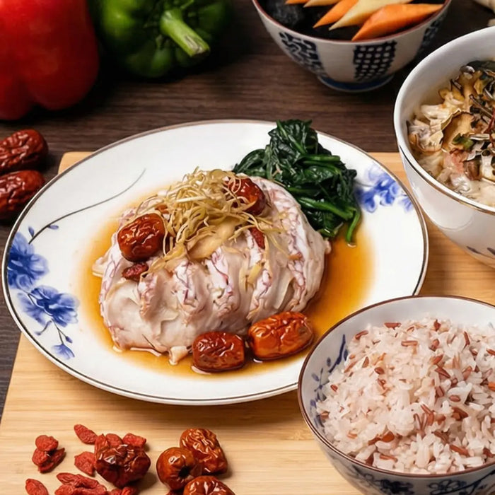 Dish of rice with vegetables and dried dates on a wooden table
