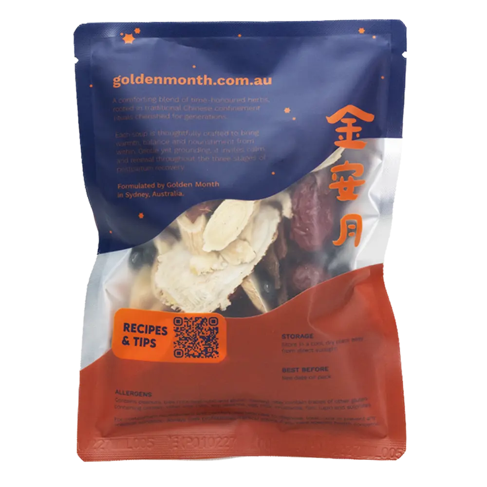 Packaged herbs with a blue and orange label featuring 'goldenmonth.com.au' on a white background.