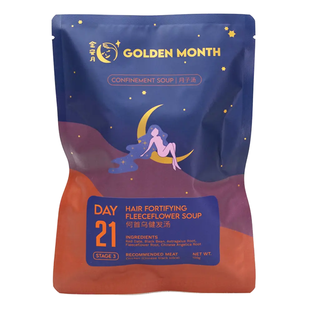Packaging of Golden Month hair fortifying fleeceflower soup with a blue and orange design.