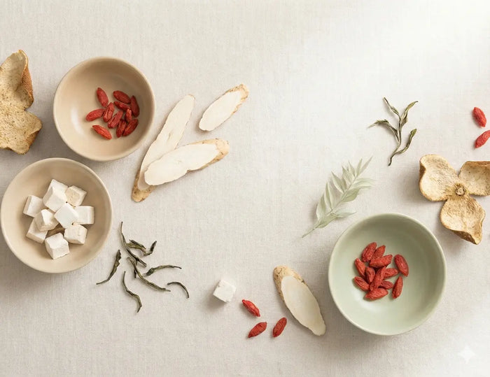 Herbal ingredients including goji berries, dried ginseng, and white radish on a light surface.