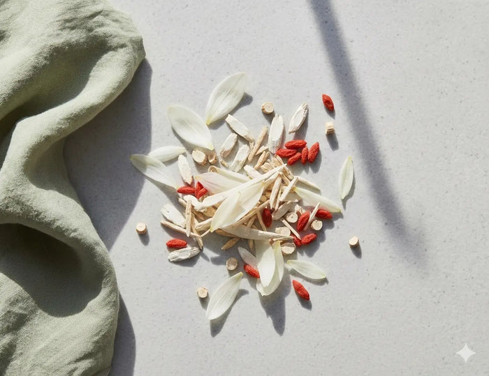 Confinement herbs on a light gray surface with a green cloth