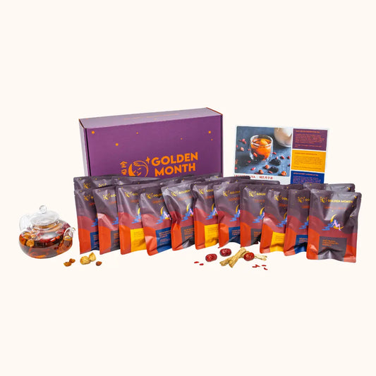 20-day confinement tea set with 'Golden Month' branding on a white background