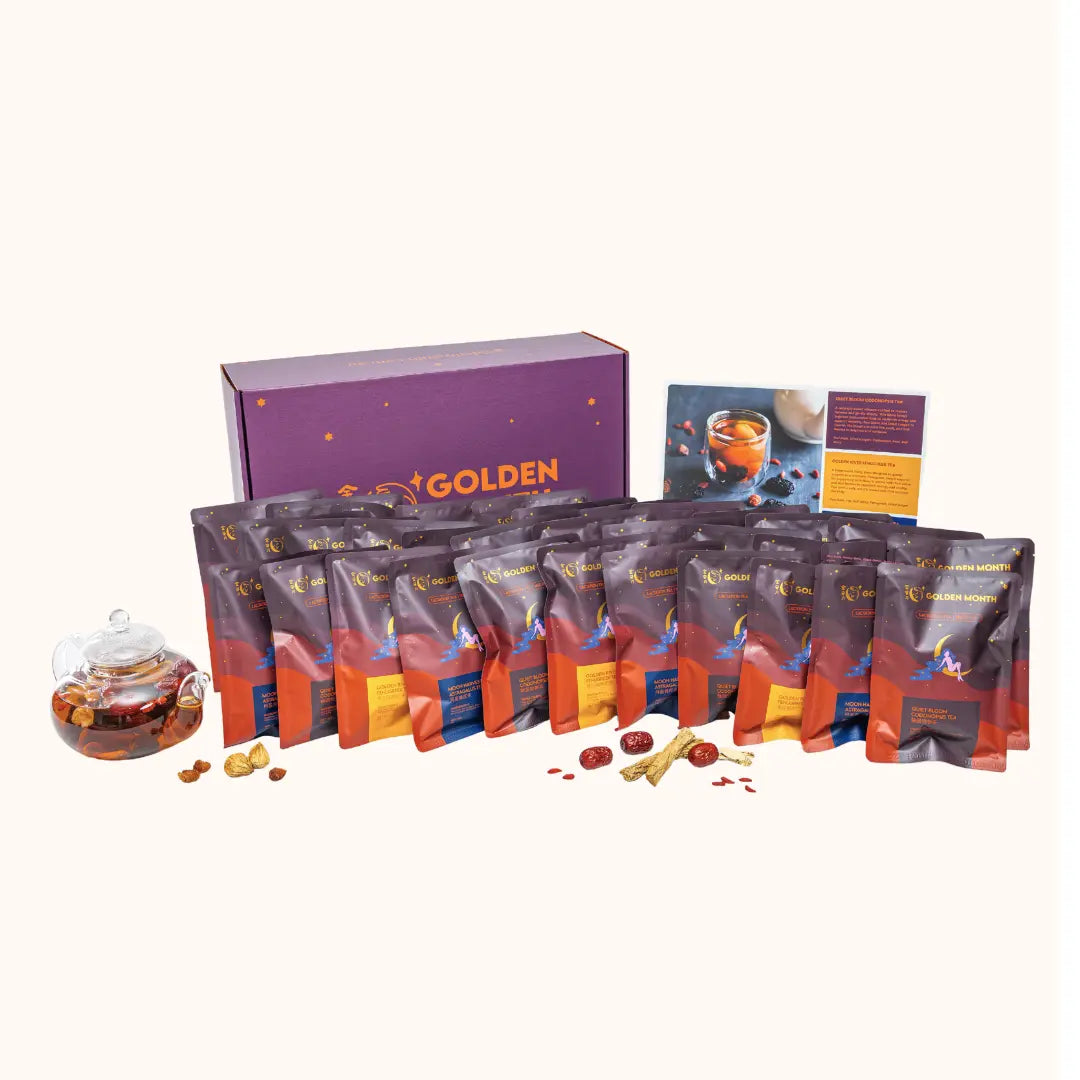 Tea set with 'GOLDEN MONTH' branding on a white background