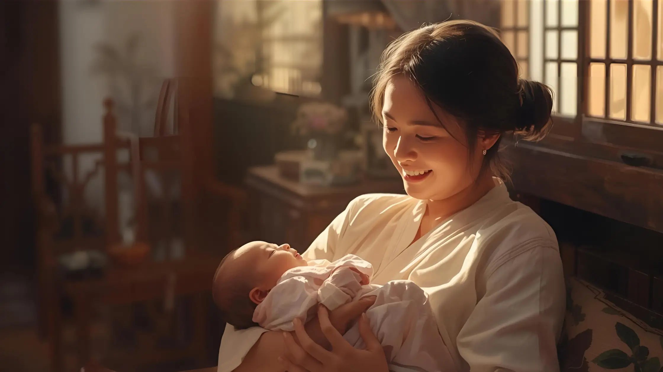 温馨柔光房间中抱着宝宝的妈妈。