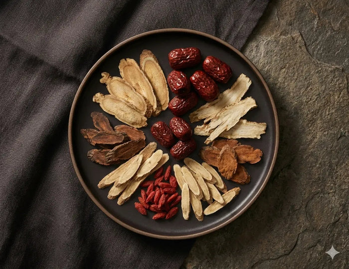 Dried herbs on a dark plate with a textured background