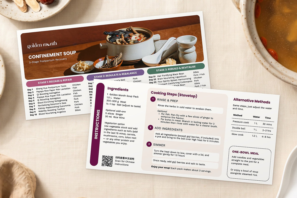 Golden Month soup recipe card with the 30-day soup schedule and cooking steps