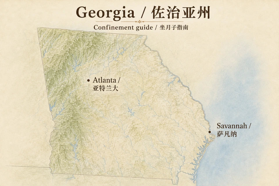 佐治亚州坐月子服务指南地图插画。