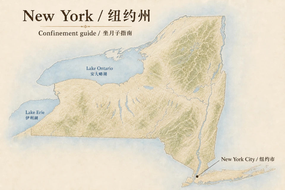 纽约州坐月子服务指南地图插画。