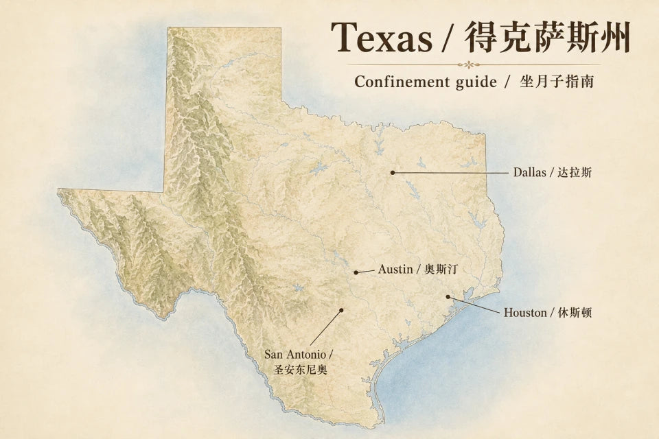 得克萨斯州坐月子服务指南地图插画。