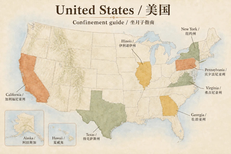 地图插画，标出已有独立坐月子指南的七个州。