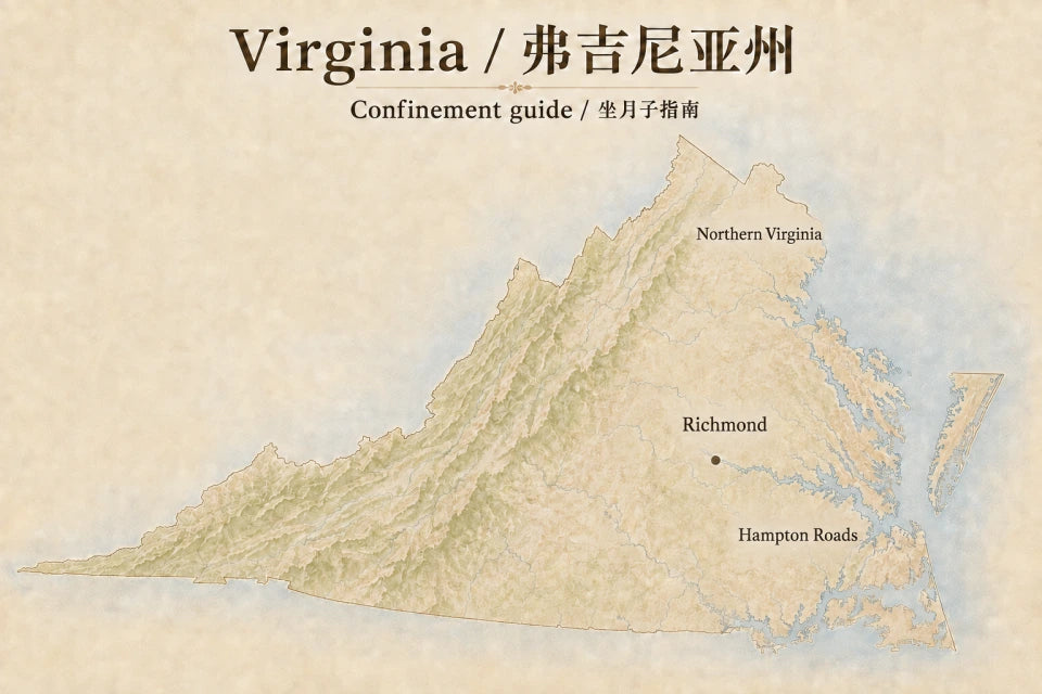 弗吉尼亚州坐月子服务指南地图插画。